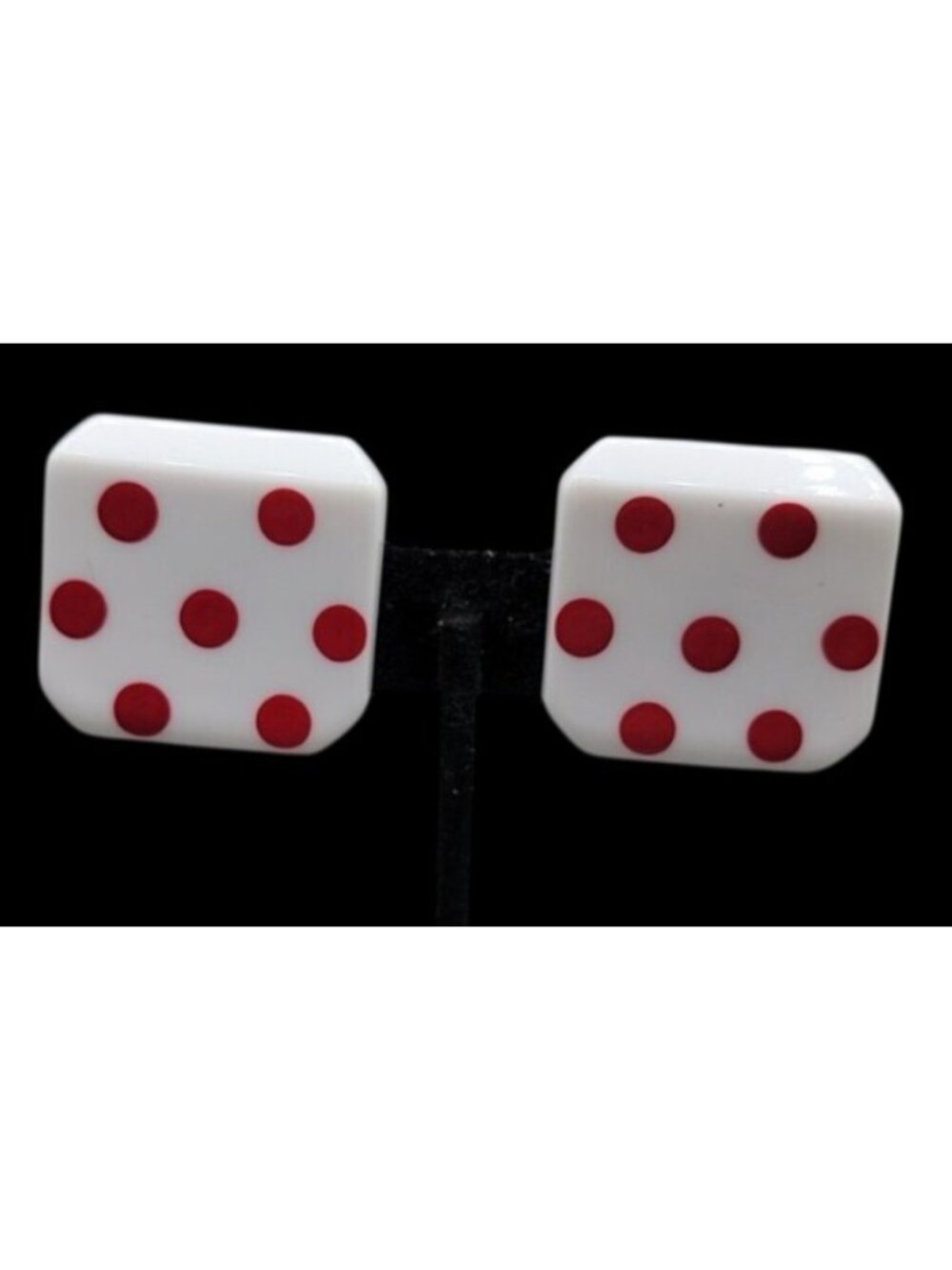 Vintage Lucite Dice Clip On Earrings Large Lucky 7 White Red Polka Dots Vegas - Picture 3 of 12